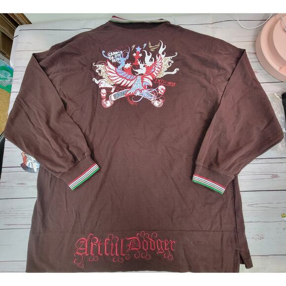 Artful Dodger 4XL Brown Long Sleeve Polo Shirt Graphic Skull Eagle Vintage - Picture 2 of 7